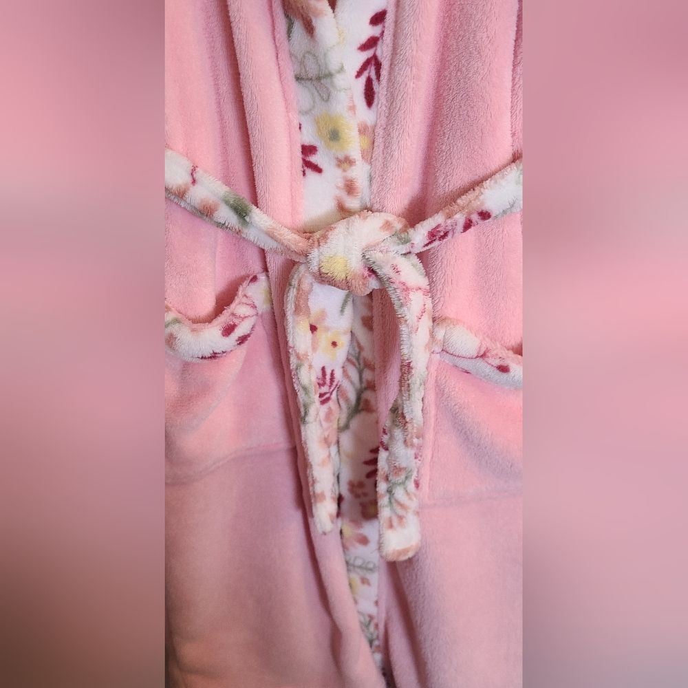 Lupilu Robe Soft Plush Pink With Floral Trim And Tie Belt Girls sz L/XL - Picture 6 of 11